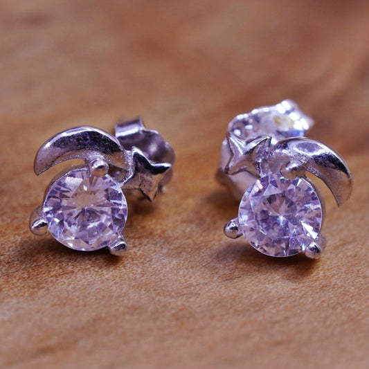 Vintage Sterling silver round crystal studs, cz moon star earrings