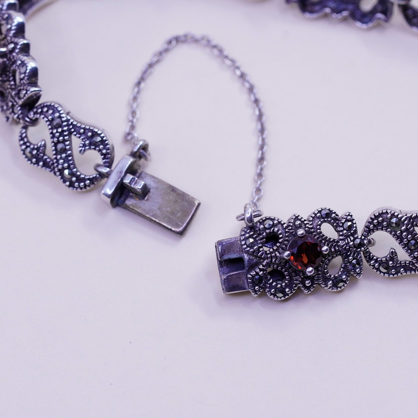 6.75”, Sterling Silver Handmade Bracelet, 925 chain with Marcasite ruby