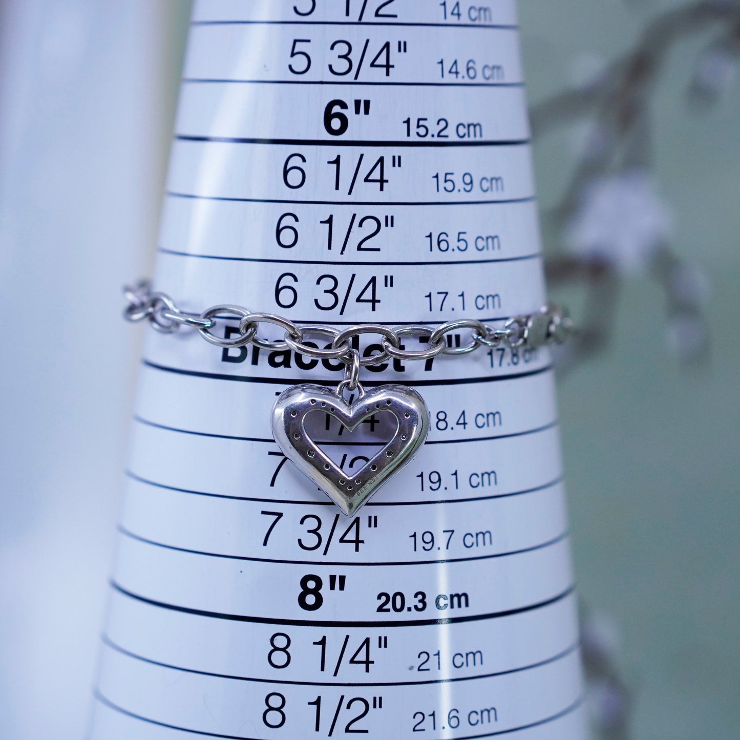 7”, sterling silver bracelet bold 925 circle chain heart charm cluster diamonds