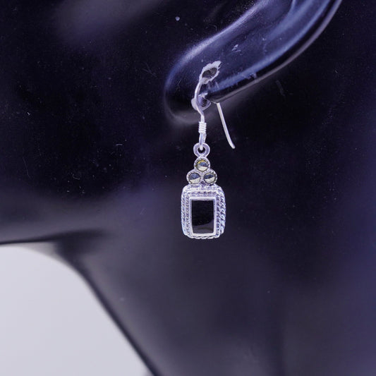 Vintage Sterling 925 silver handmade earrings with square obsidian N Marcasite