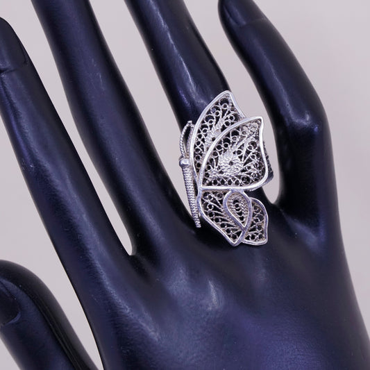 sz 7.25, Turkey DGS sterling silver handmade ring, 925 filigree butterfly band