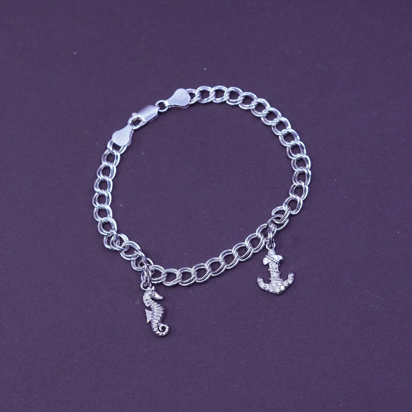 6.5”, PGOA Sterling silver double curb chain, 925 bracelet w/ seahorse anchor