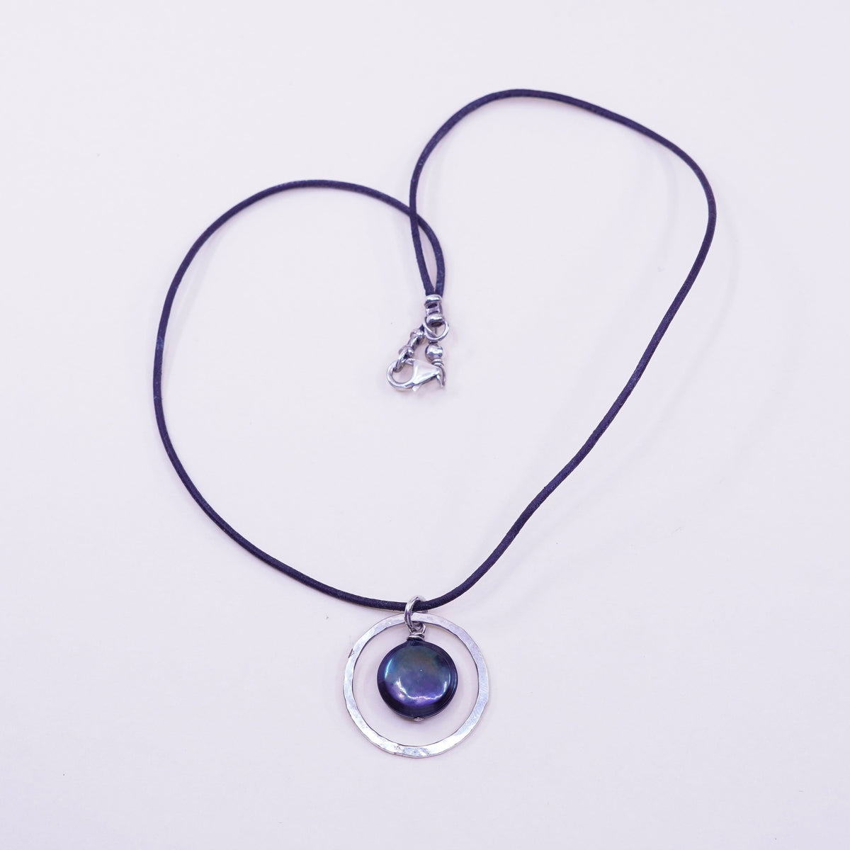16”, sterling silver handmade necklace, 925 circle pearl pendant leather thread