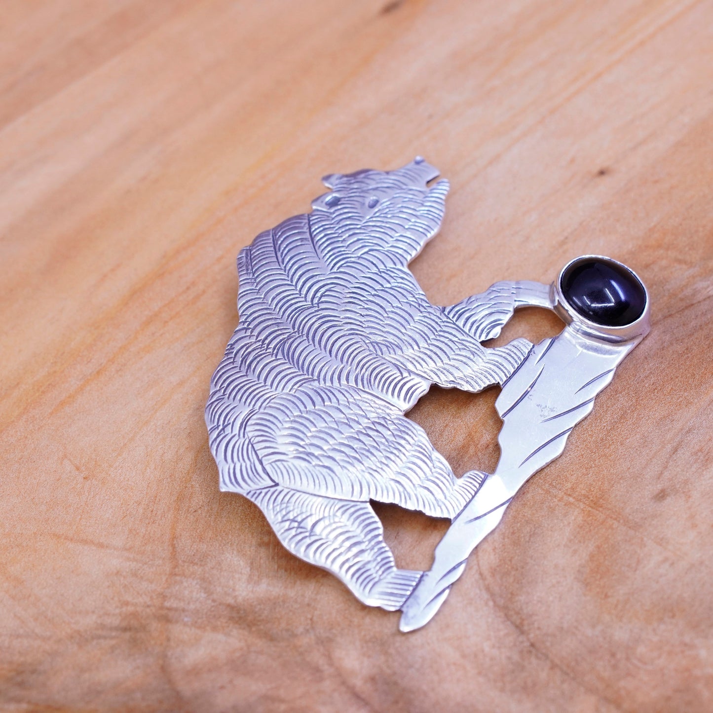 antique DY southwestern handmade sterling 925 silver bear brooch with obsidian
