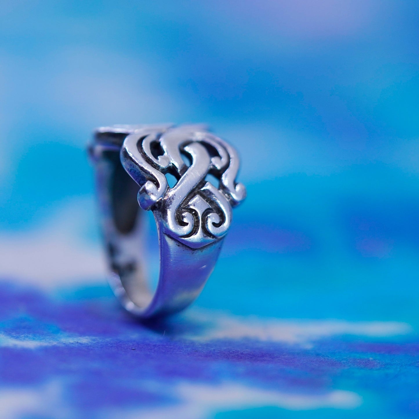 Size 7, vintage Sterling silver handmade ring, bold 925 filigree band