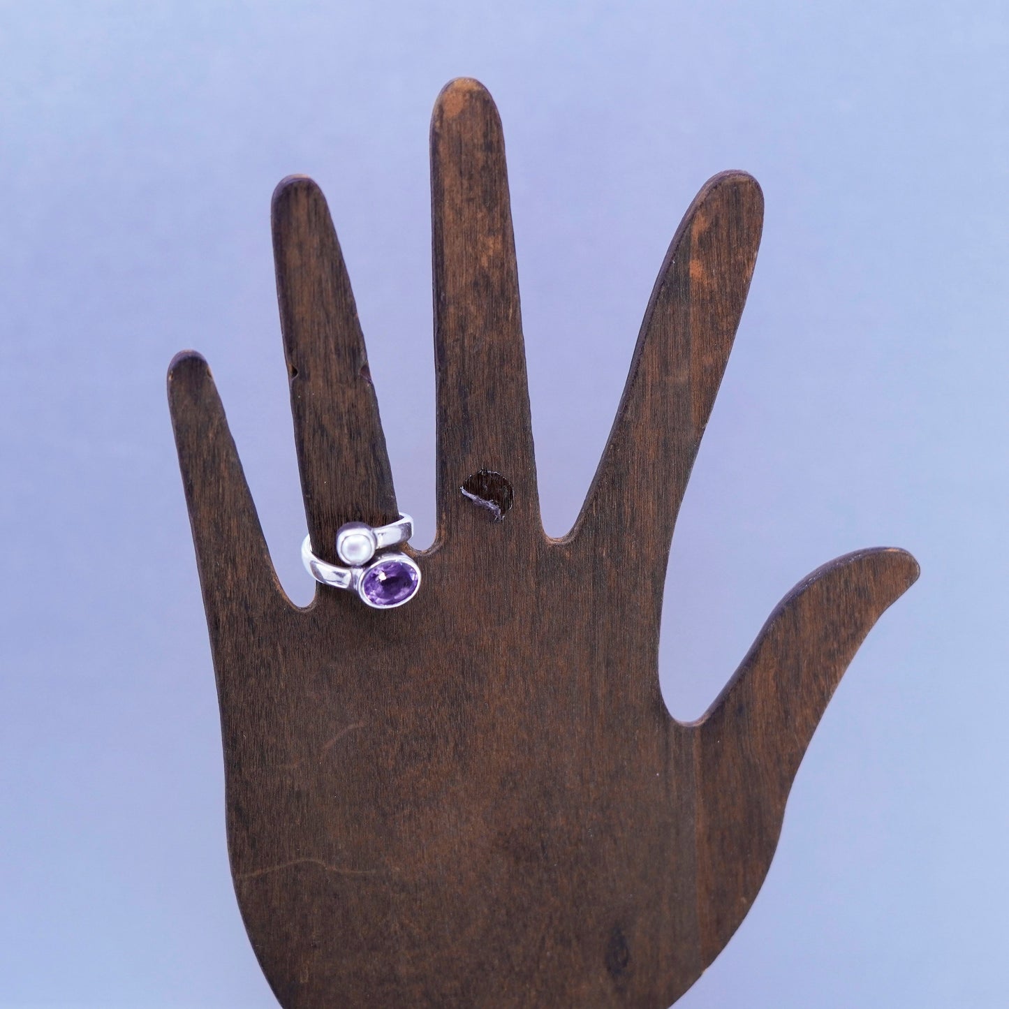 Size 5, vintage Sterling 925 silver handmade wrap band ring with amethyst pearl