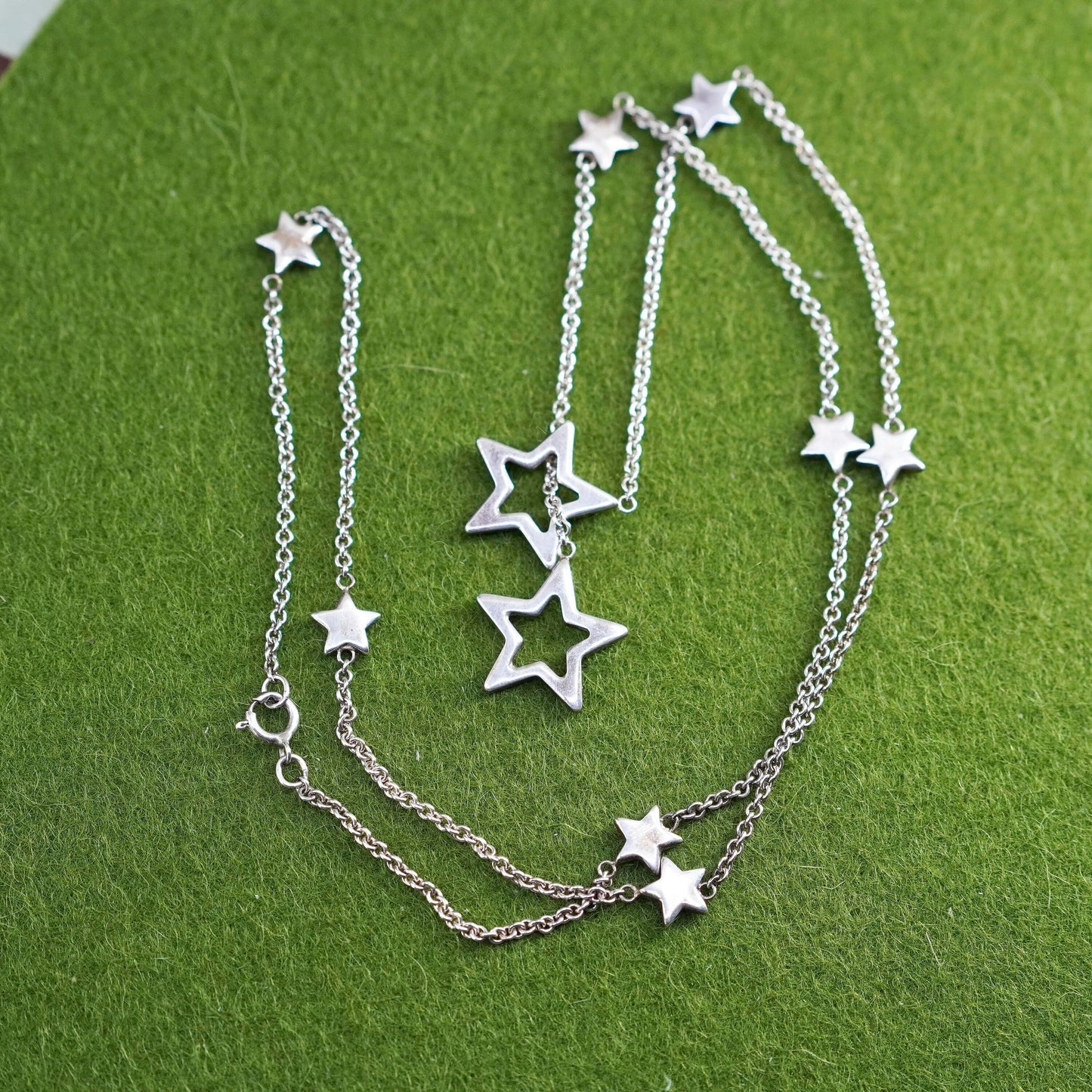 16”, vintage sterling silver 925 necklace, circle chain with star pendants