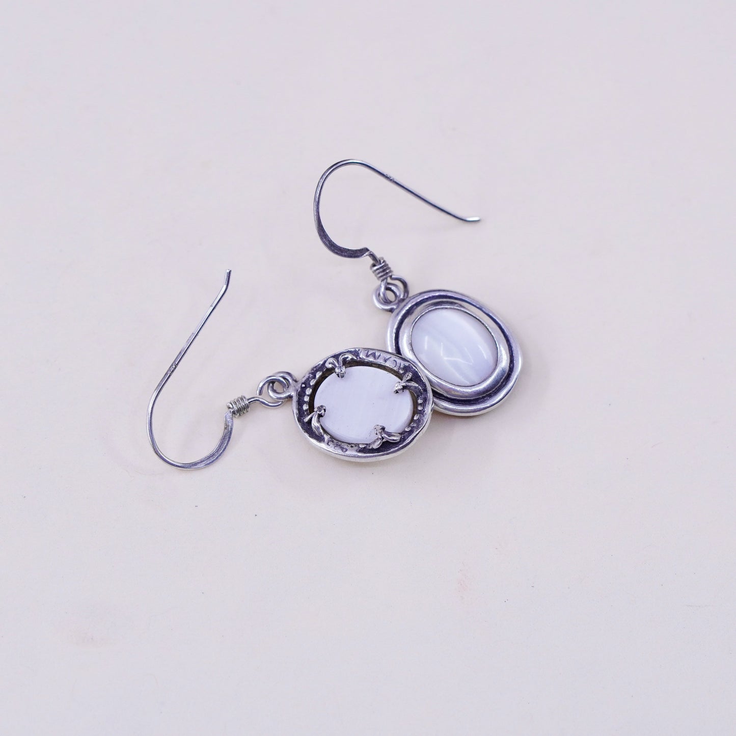 Vintage Sterling 925 silver handmade oval earrings with white tiger eye