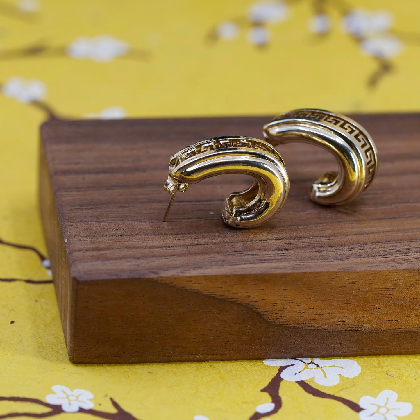 1”, turkey vermeil gold Sterling silver earrings, 925 Greek key huggie hoops