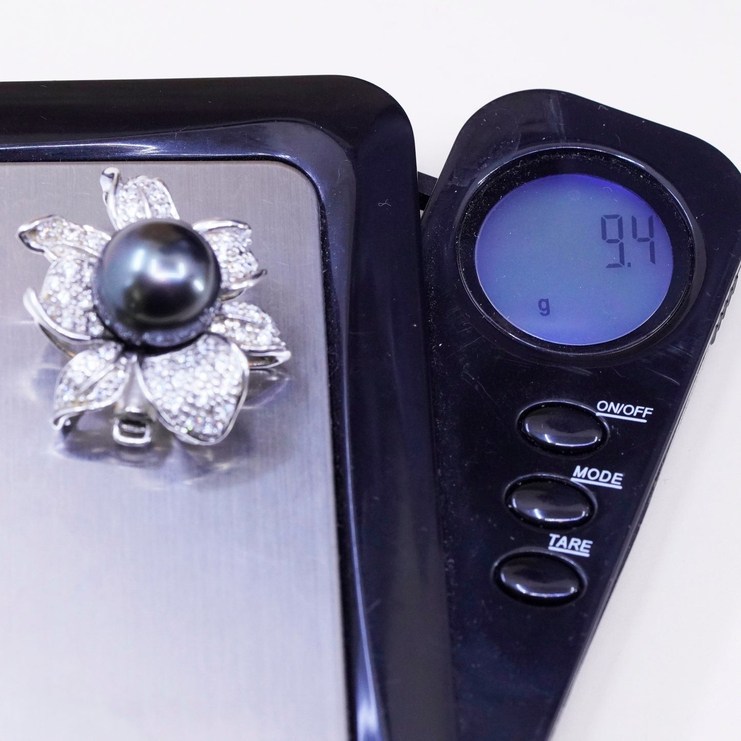 Vintage M&N Sterling silver handmade pendant, 925 flower black pearl cluster cz