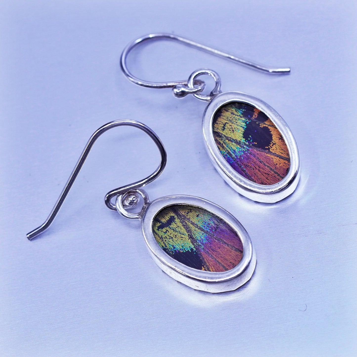 Vintage Sterling 925 silver handmade earrings with oval resin butterfly wings