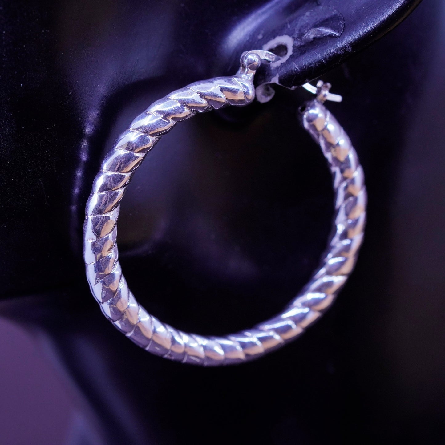 1.5”, vintage Sterling silver handmade earrings, bold 925 textured hoops