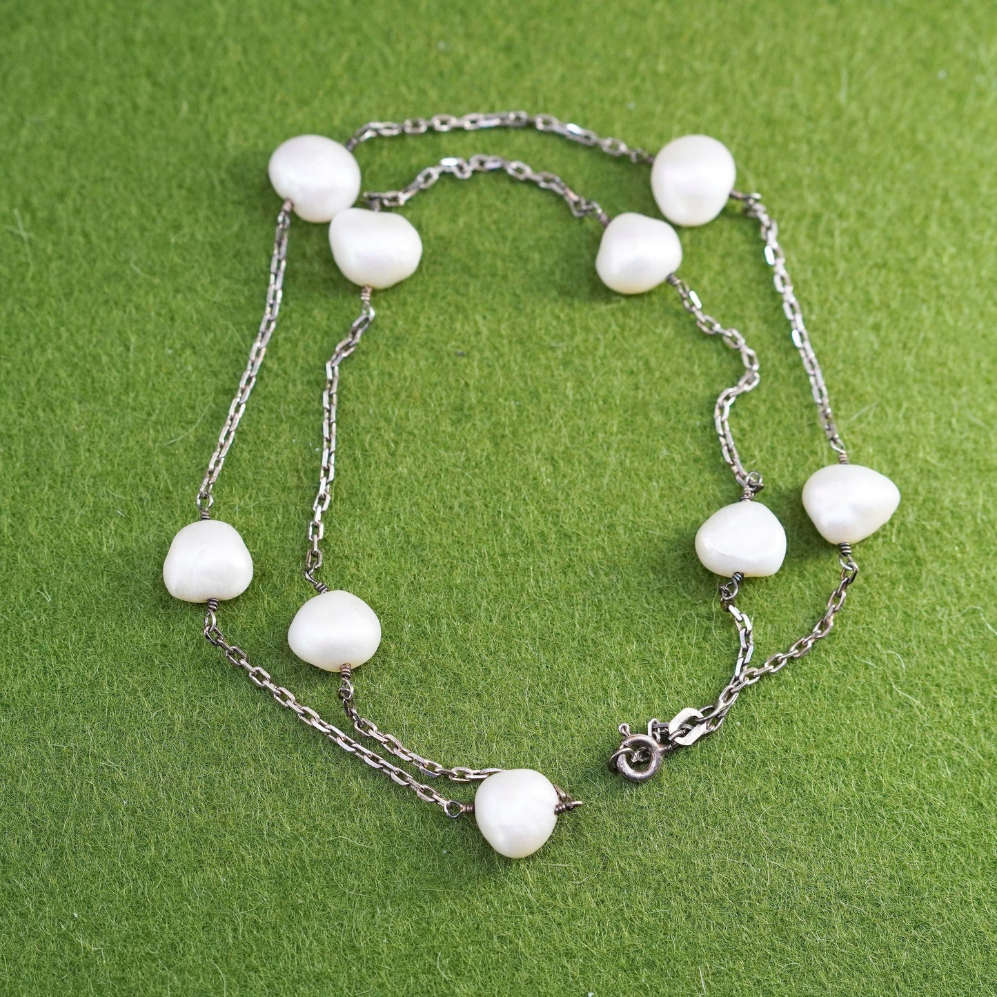 18”, vtg sterling 925 silver handmade necklace, circle chain with pearl beads
