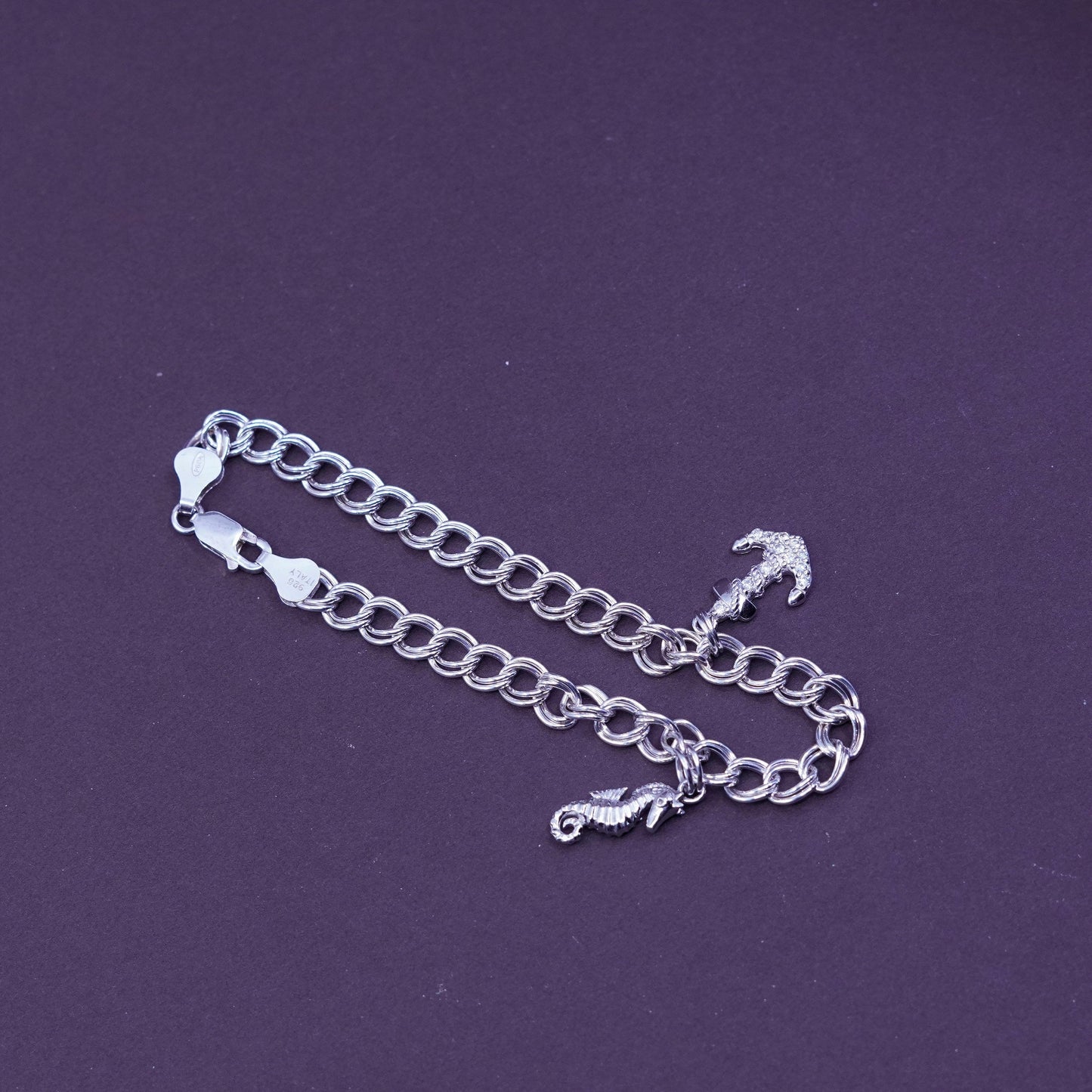 6.5”, PGOA Sterling silver double curb chain, 925 bracelet w/ seahorse anchor