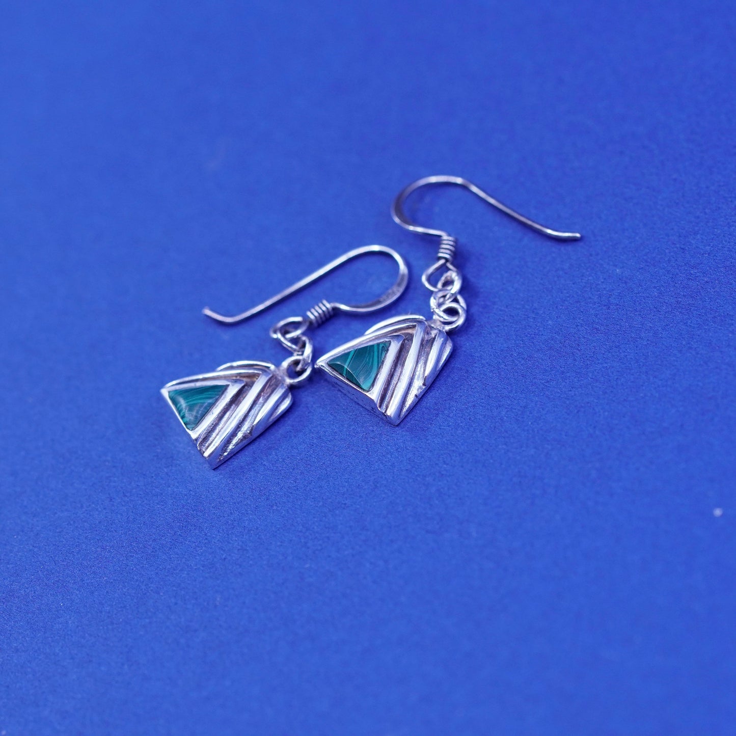 southwestern sterling 925 silver handmade triangular earrings with malachite