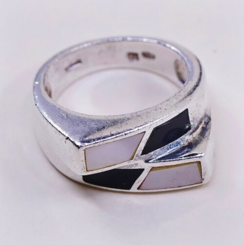 Sz 7.5, Vtg Sterling Silver Handmade Ring, 925 Band W MOP N Obsidian Inlay