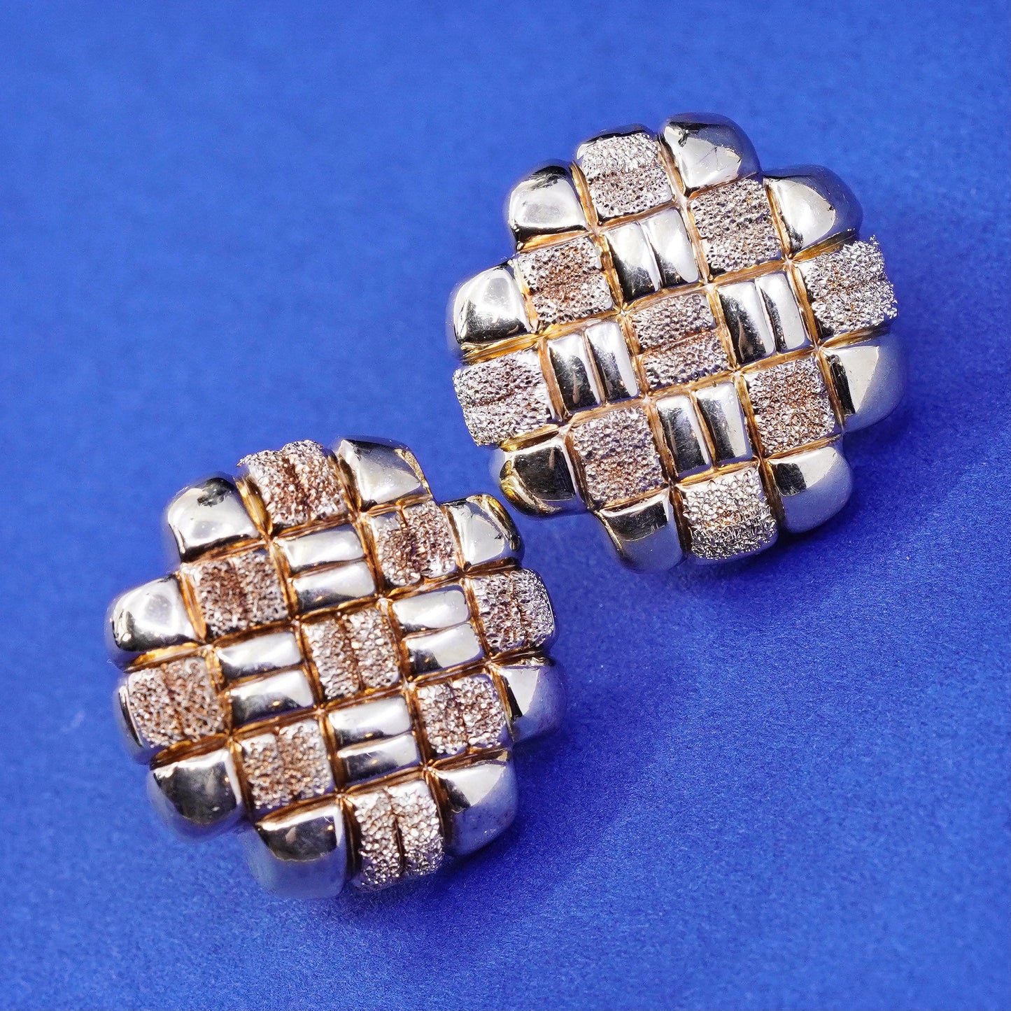 Italy vermeil gold sterling silver handmade earrings, matte 925 checker studs