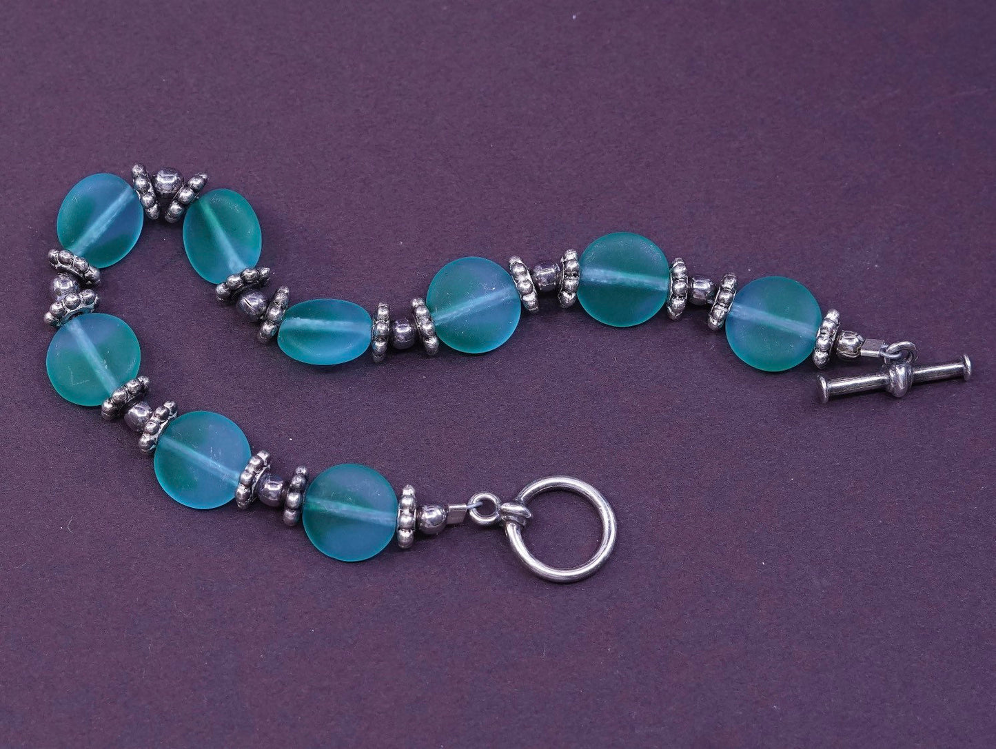 6", handmade bracelet, 925 clasp with green glass bracelet, silver tested
