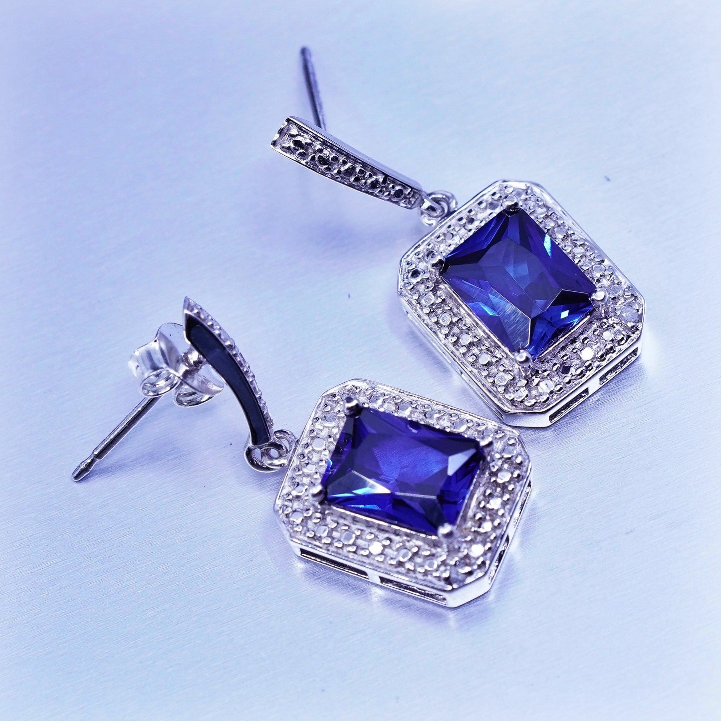 Vintage Sterling 925 silver handmade square earrings with sapphire and diamond