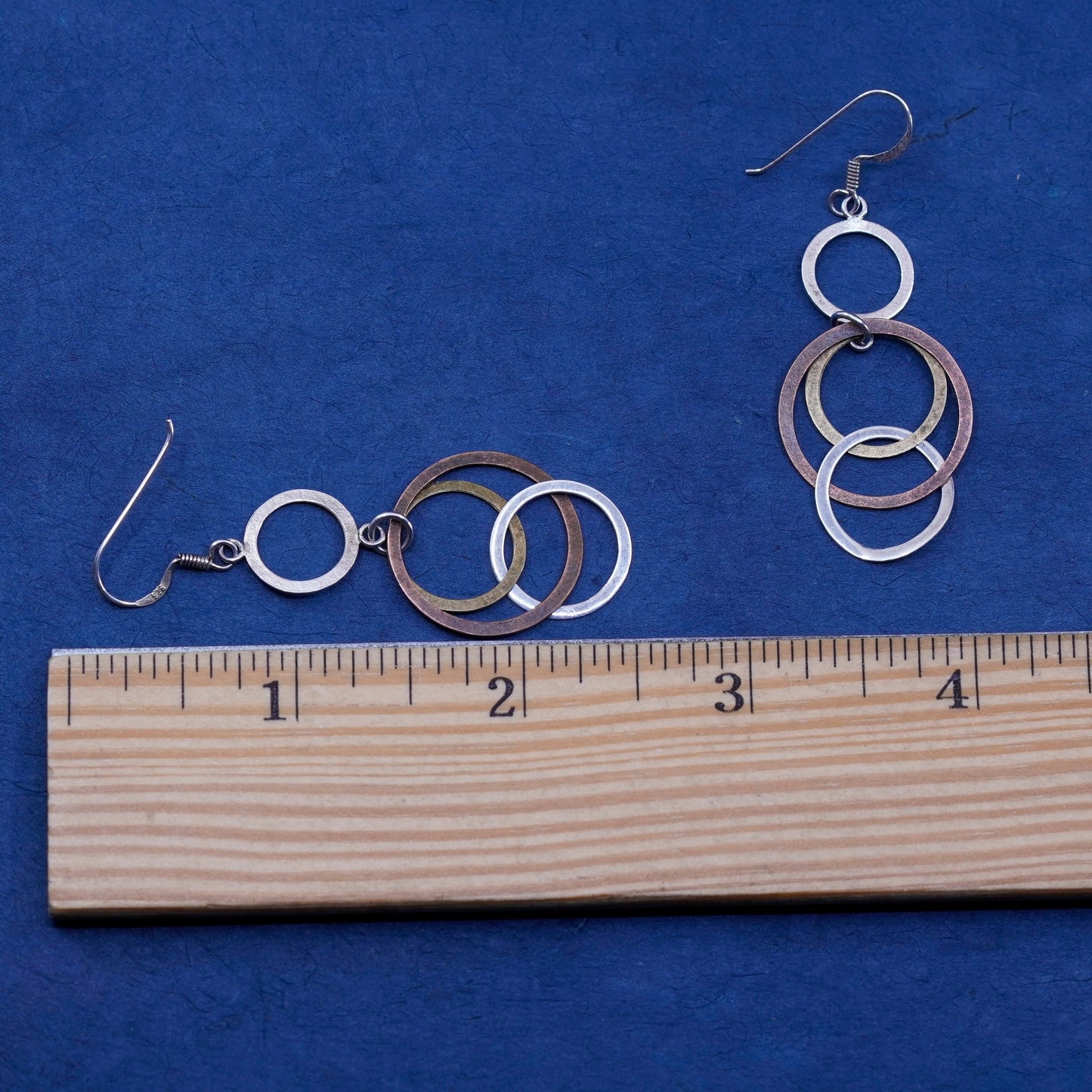 Vintage Sterling Silver handmade Earrings. 925 entwined flatten circle dangles