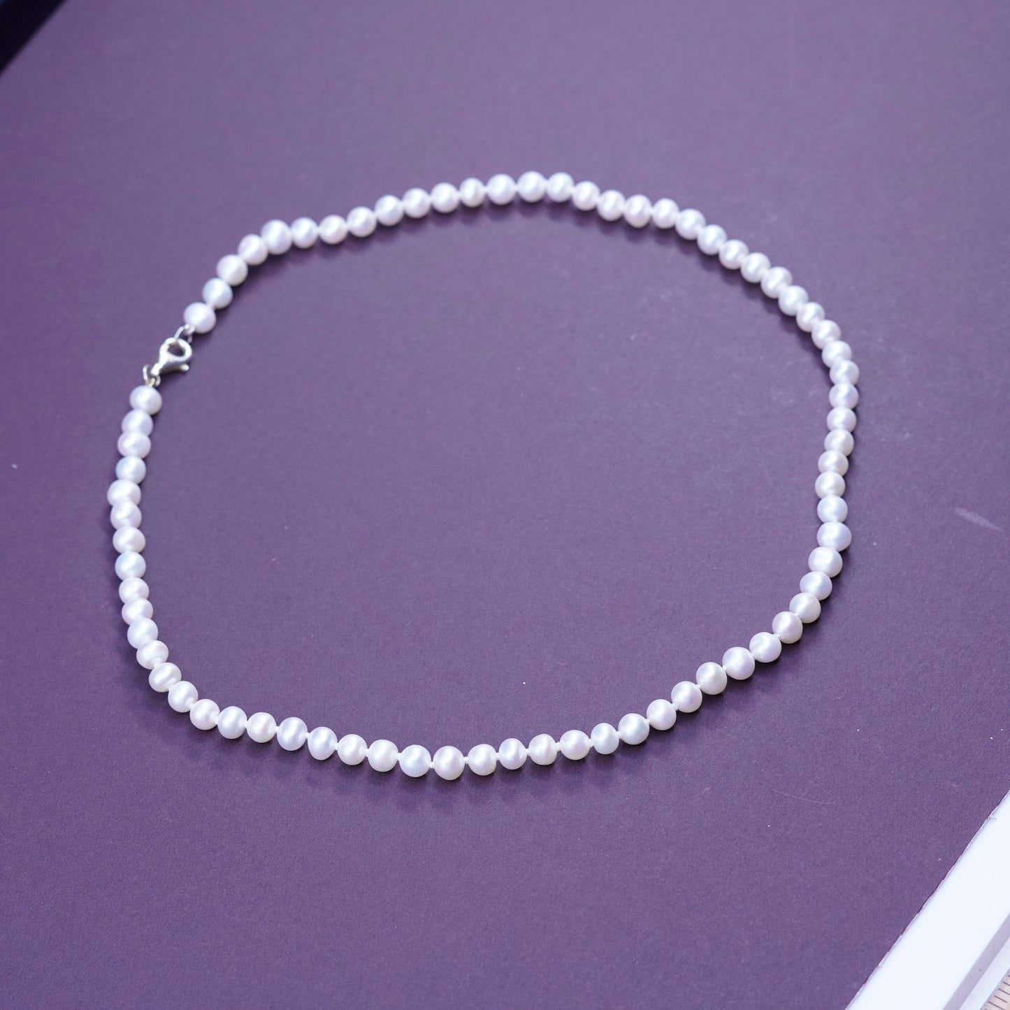 17”, vintage Sterling silver handmade necklace, 925 clasp with 5mm pearl beads