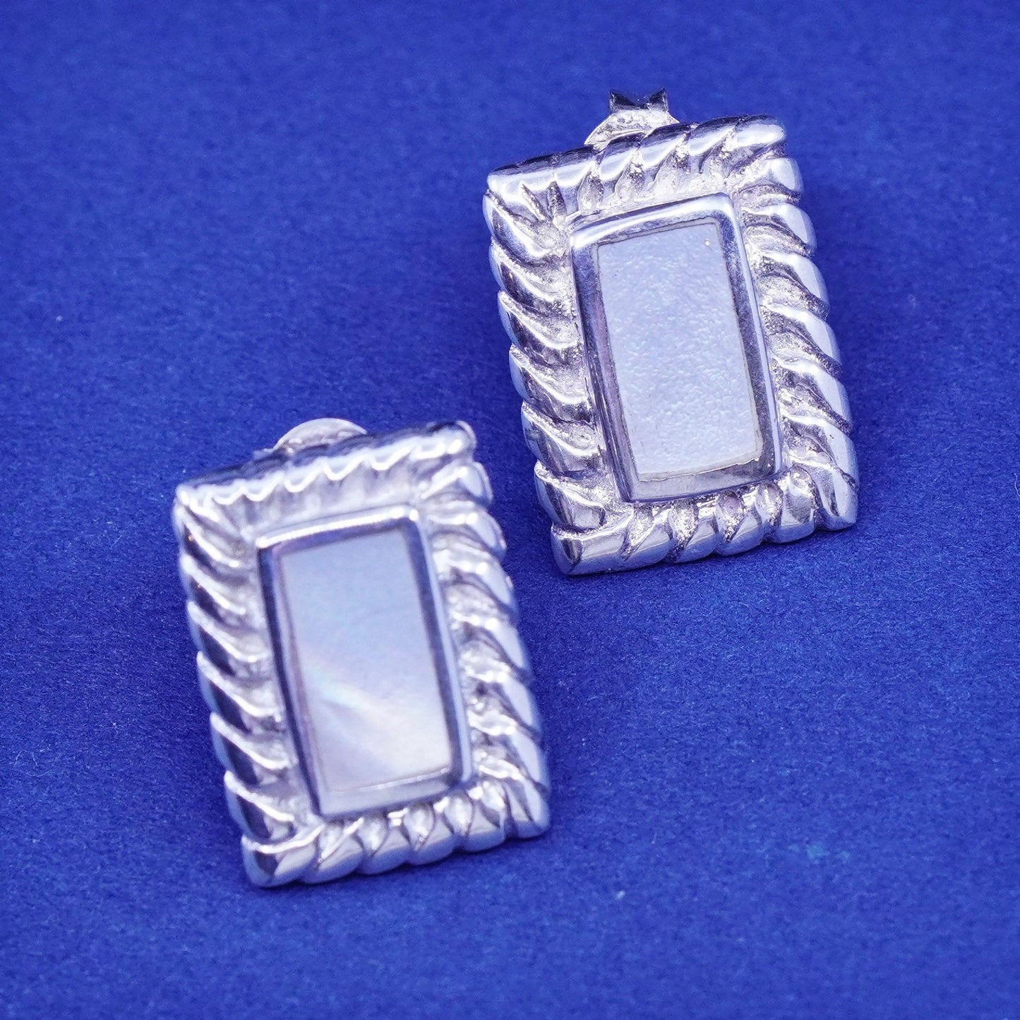 Vintage sterling silver handmade earrings, 925 studs with mother of Pearl cable