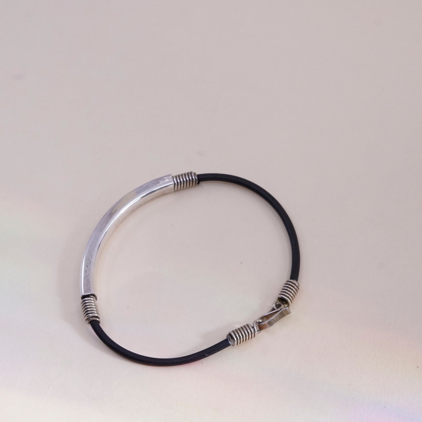 7.25”, Vintage black rubber chain with sterling 925 silver bar,