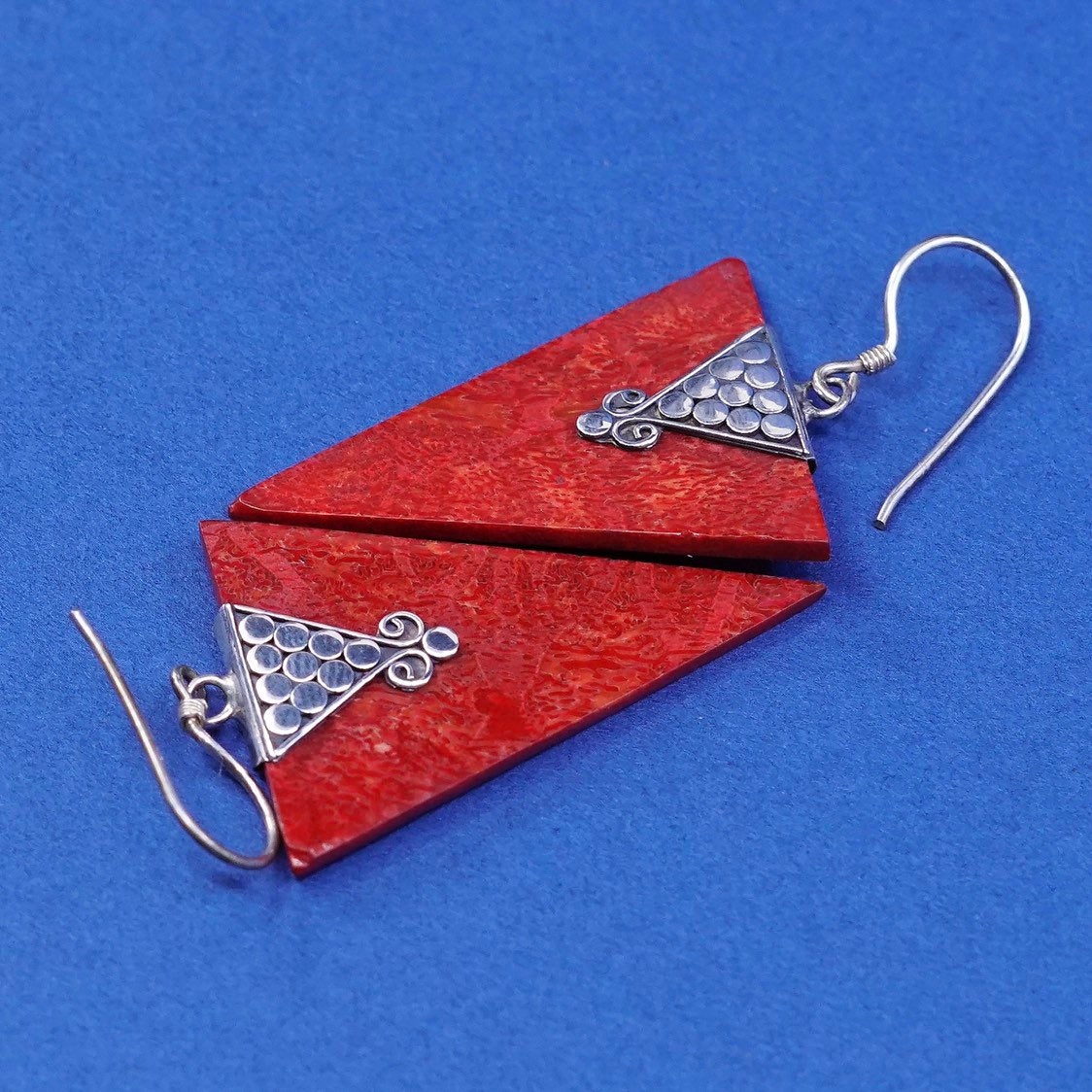 vtg Sterling silver handmade earrings, 925 hooks w/ red coral Dangles