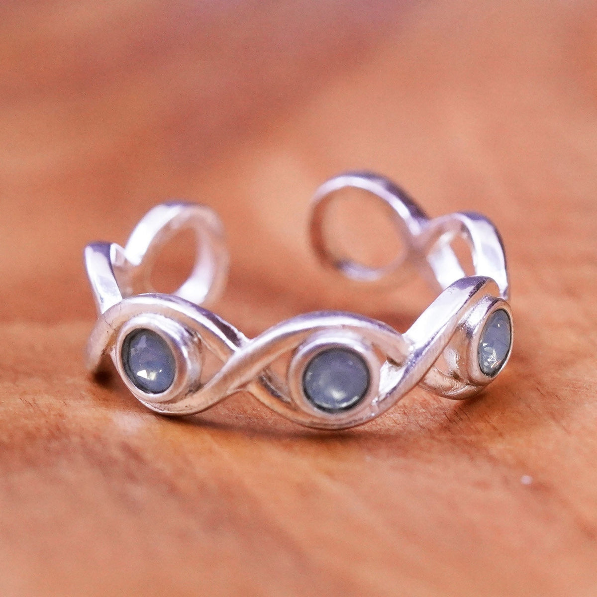 Size 3, vtg Sterling 925 silver handmade swirl entwined ring moonstone crystal