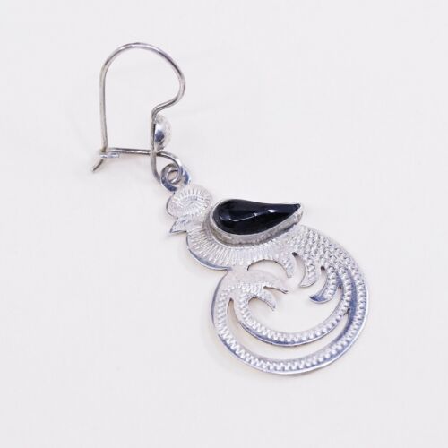 Vintage Southwestern handmade Sterling 925 Silver Peacock Earrings W/ Ovsidian