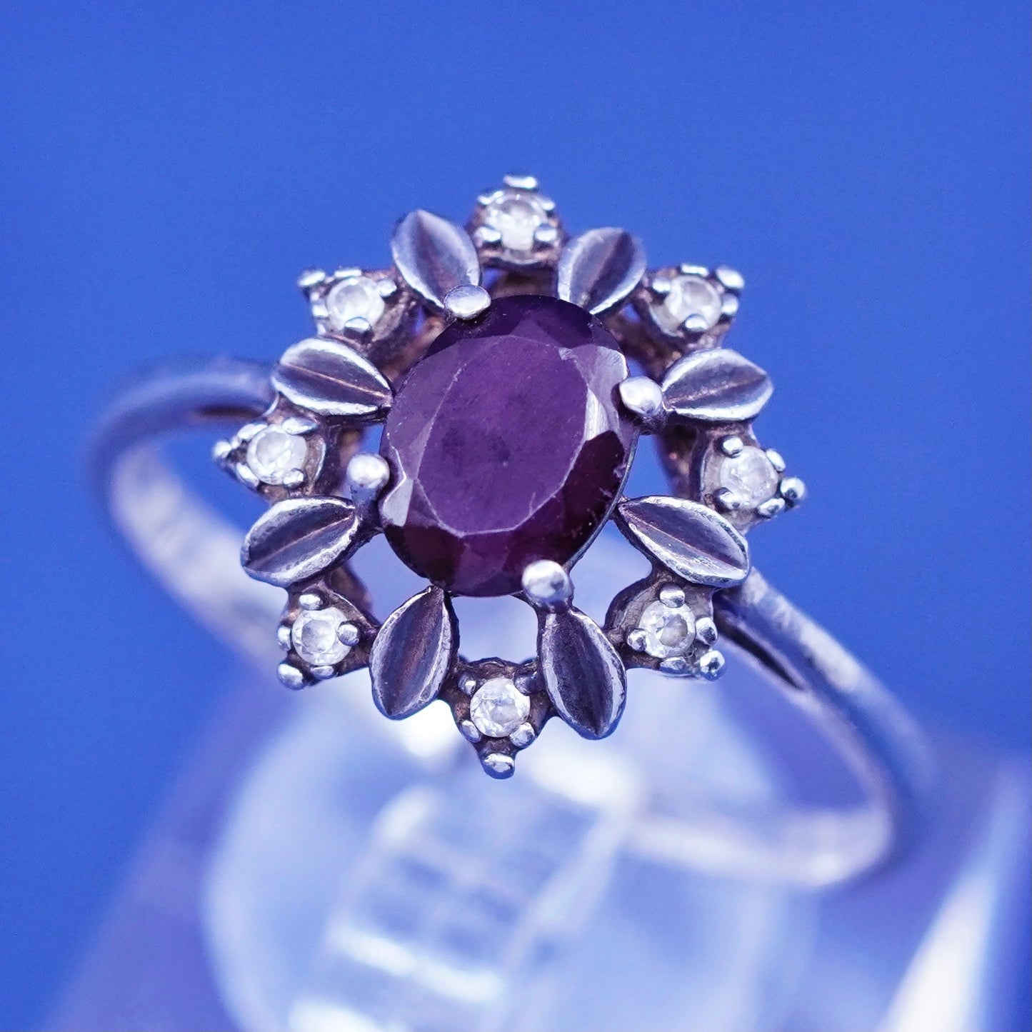 Size 10.75, vintage Sterling 925 silver handmade flower ring with Ruby and cz