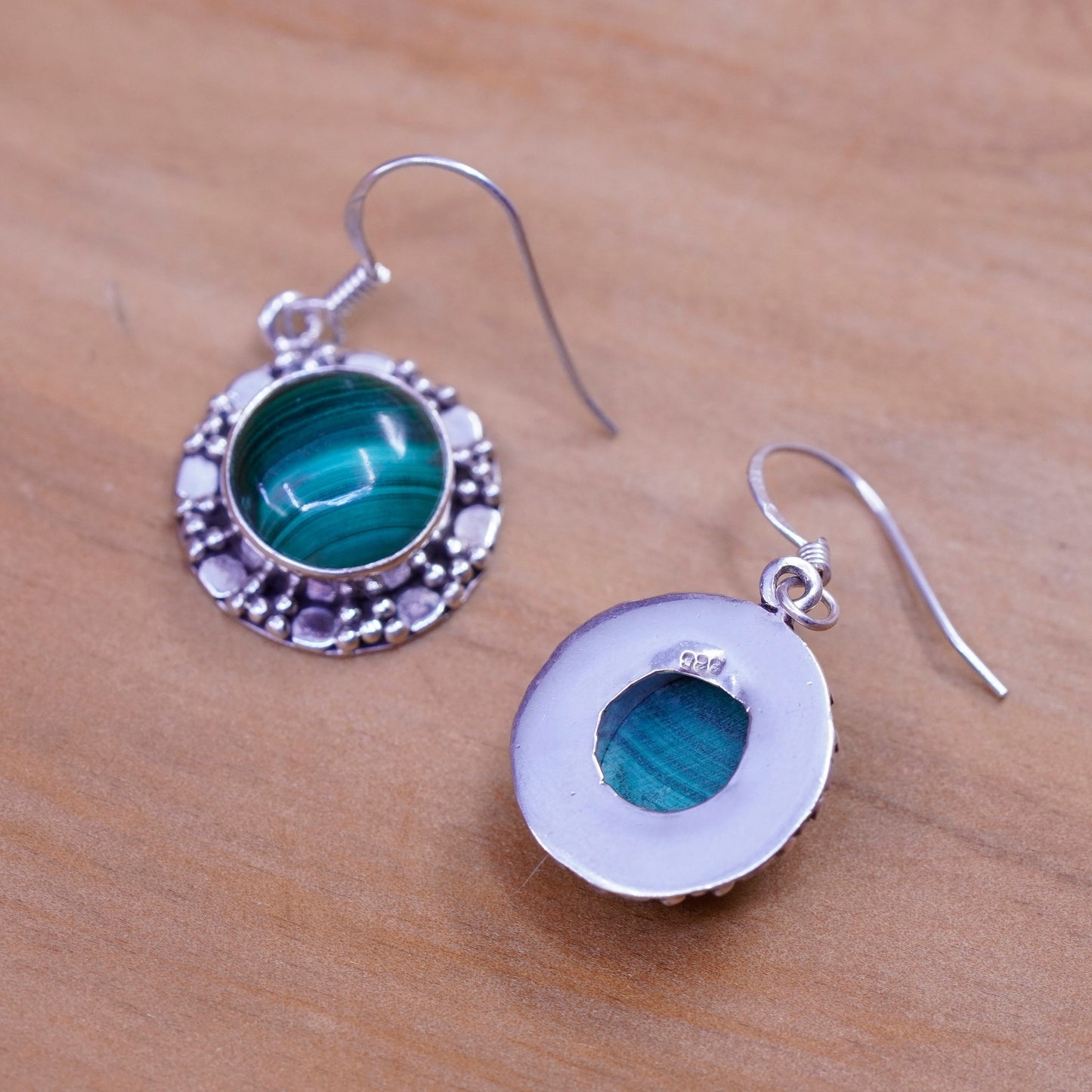 Vintage Sterling 925 silver handmade earrings with round malachite and beads