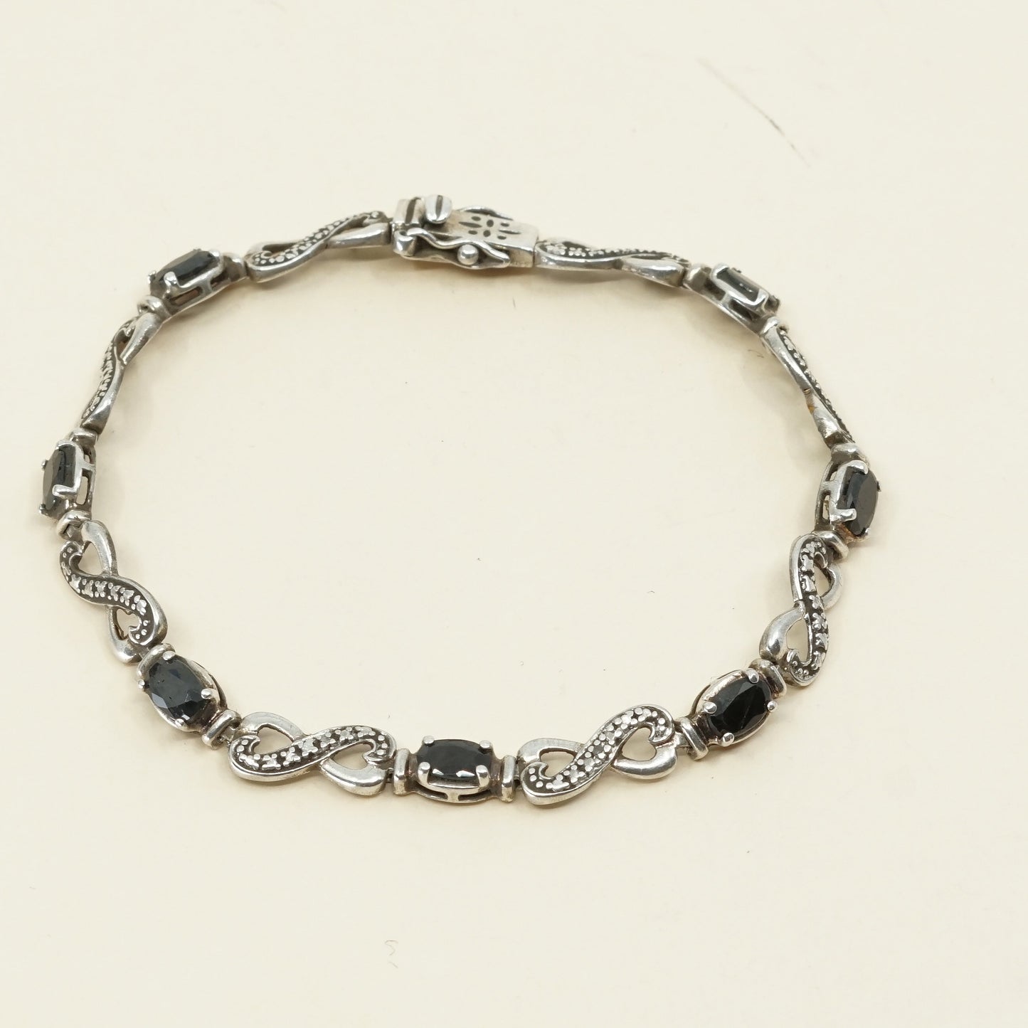 7.5” Vintage sterling 925 silver double heart with obsidian tennis bracelet