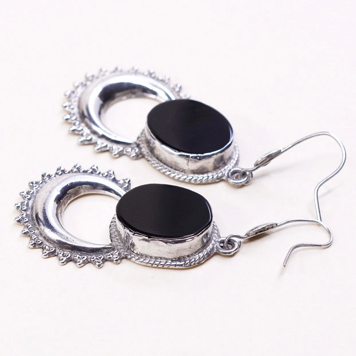 Sterling 925 silver handmade earrings w/ obsidian and beads around