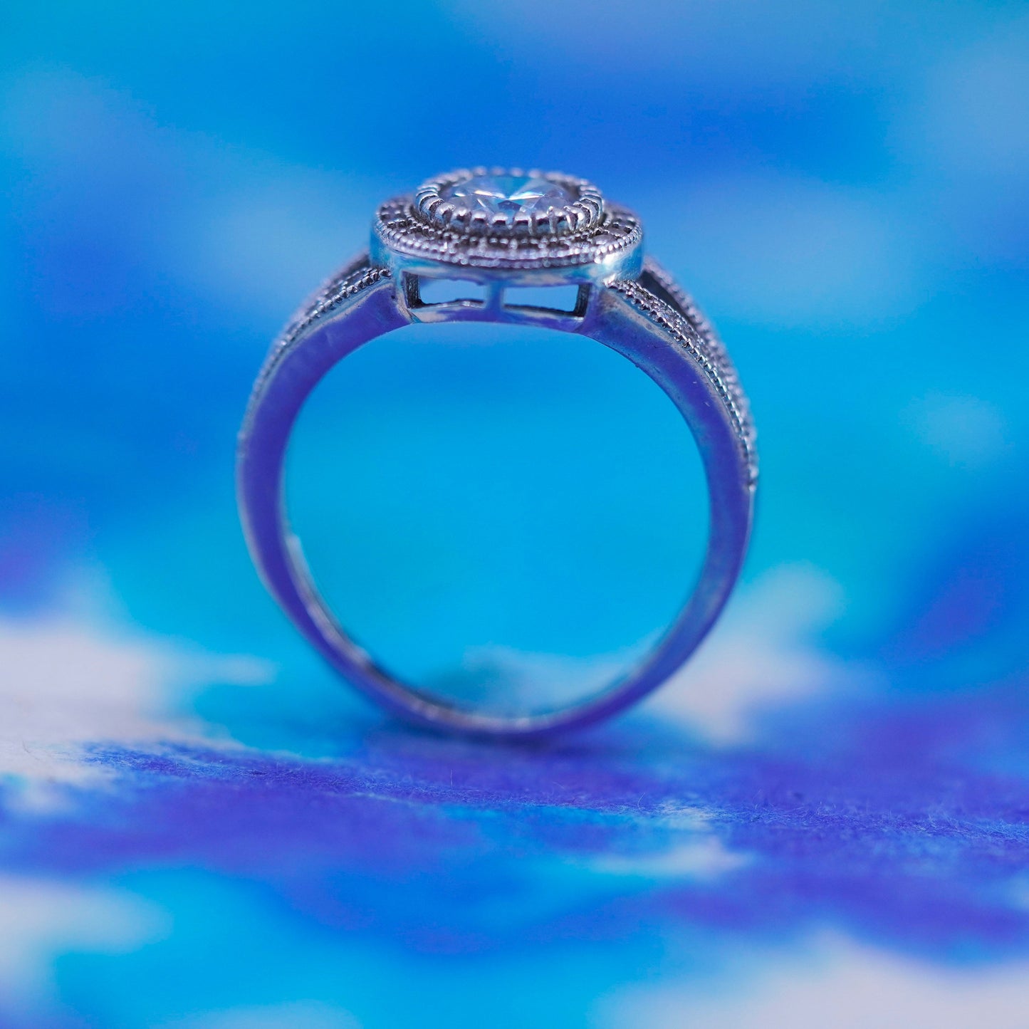 Size 8, vintage Sterling 925 silver engagement ring with cluster Cz around