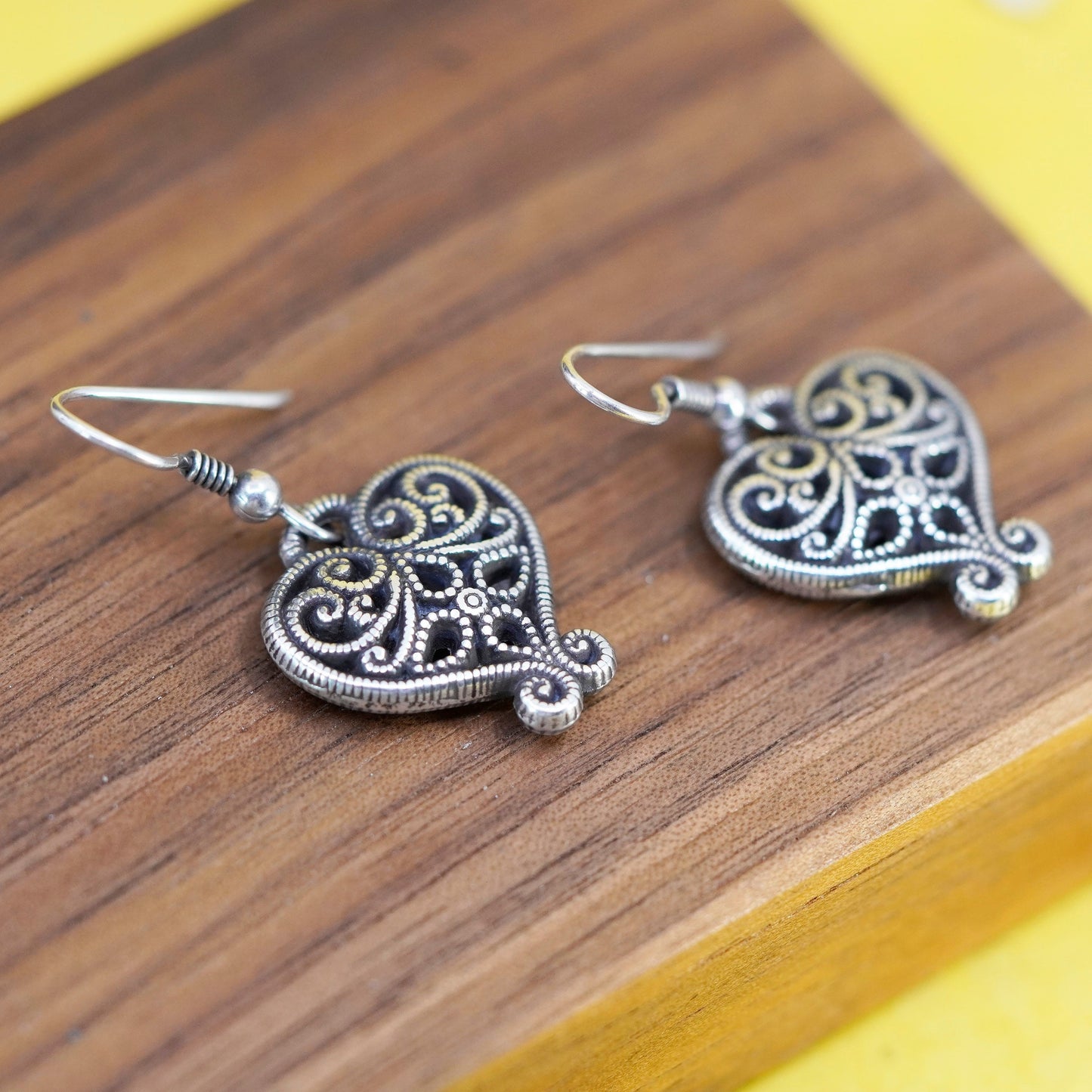 Vintage Sterling silver handmade earrings, 925 filigree heart dangles
