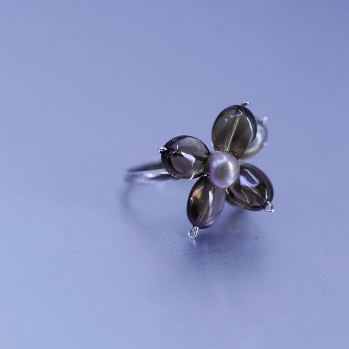 Size 7, vintage Sterling 925 silver handmade ring with pearl and smoky quartz