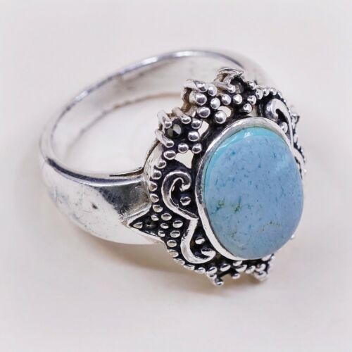 Sz 8, Vtg Sterling Silver Handmade Ring W/ Oval Turquoise N Beads, Stamped 925