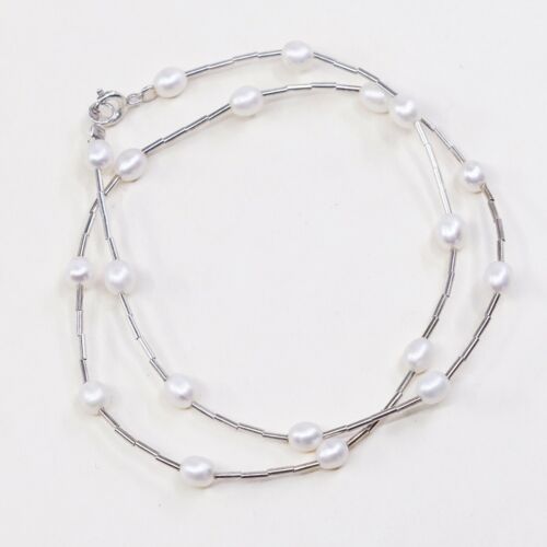 16”, Vtg Sterling silver handmade necklace, 925 Liquid Silver W/ Pearl Beads