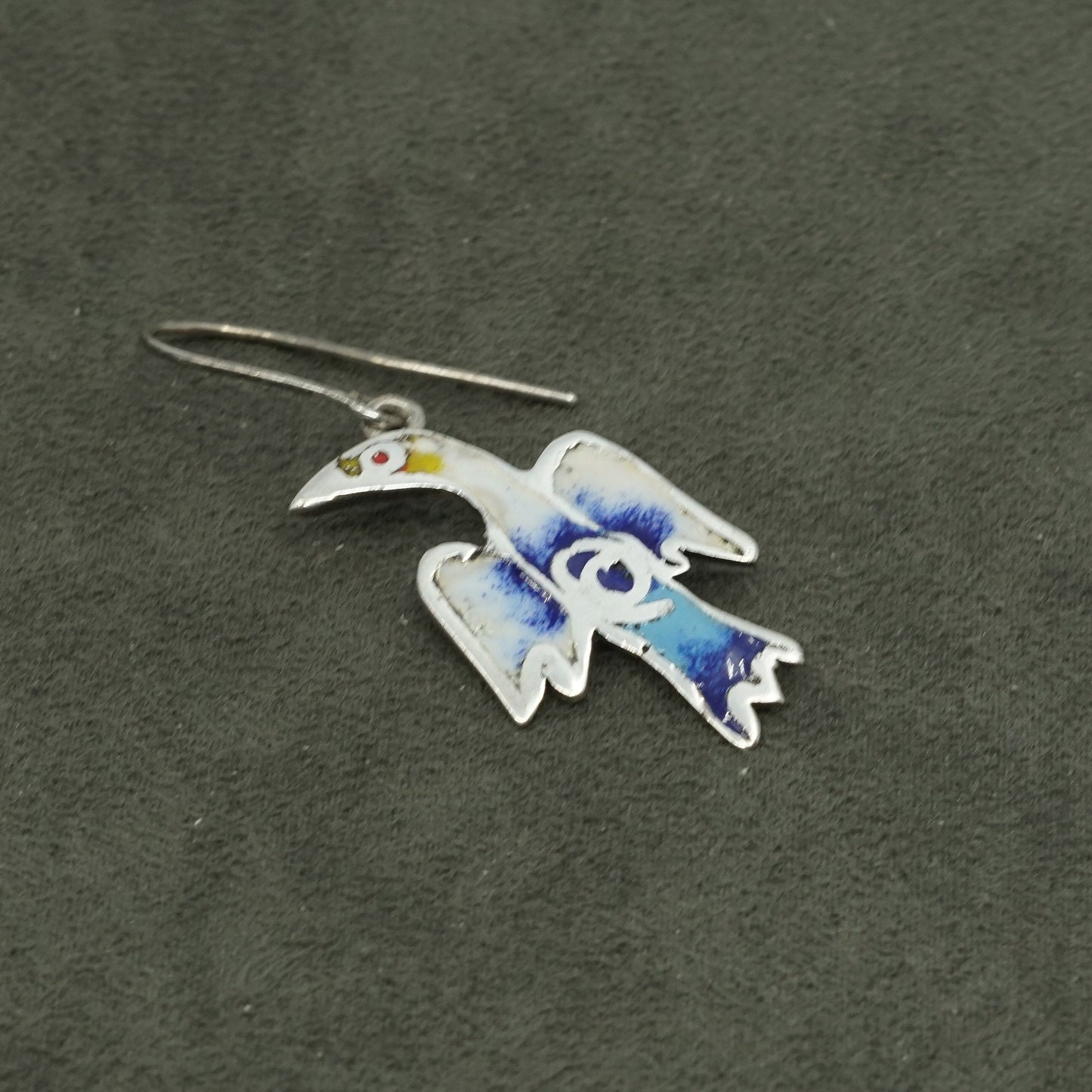vtg Sarah sterling silver handmade earrings, 925 w/ colorful enamel bird