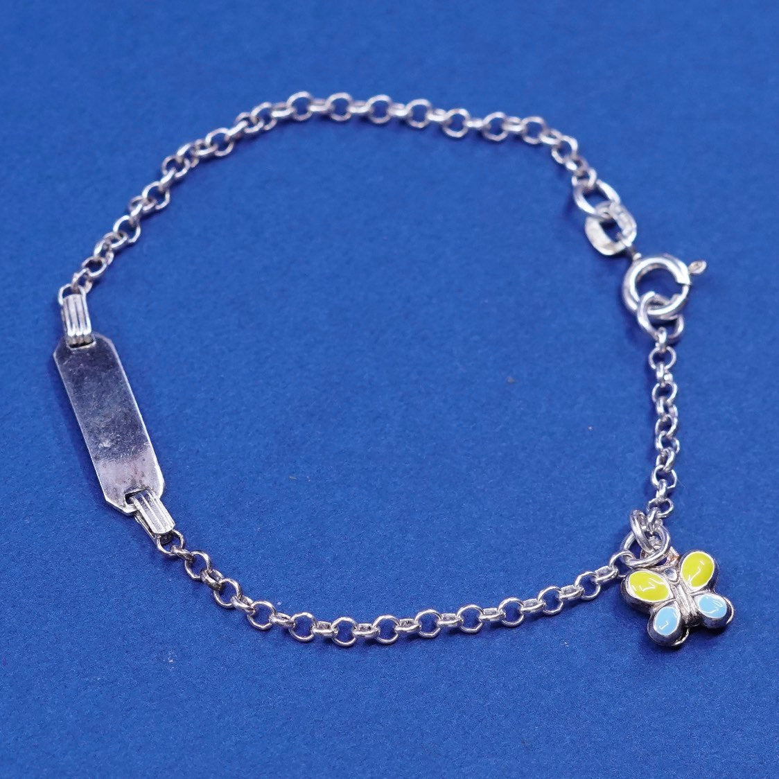 6.25", 1mm, vtg handmade Sterling silver bracelet, circle chain butterfly charm