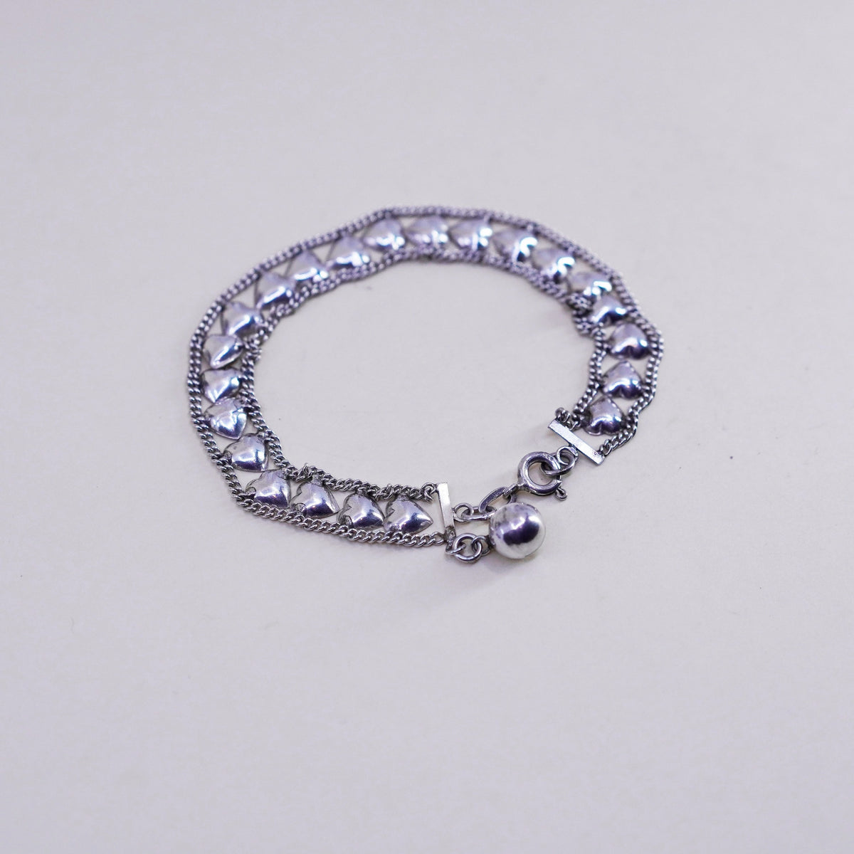 6.75”, Vintage sterling silver bracelet, 925 heart chain with chime bell charms