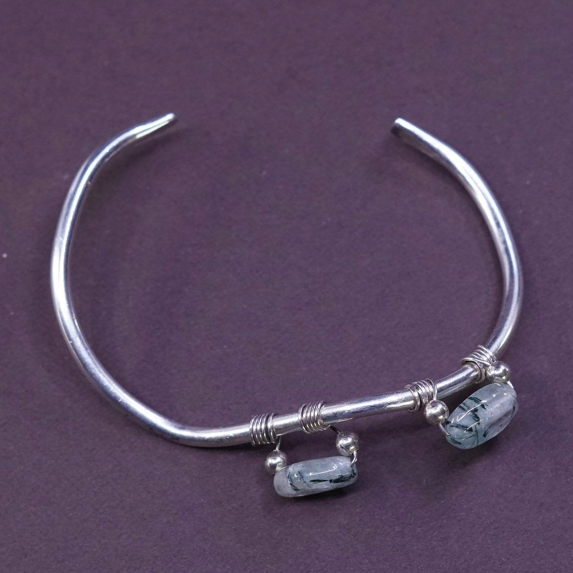 5.75", vtg Sterling silver hammered bracelet, 925 wide cuff w/ Jade