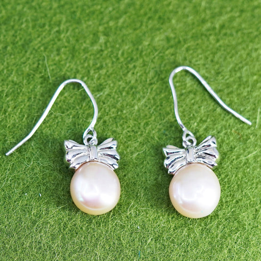 Vintage Sterling 925 silver handmade ribbon bowtie earrings with pearl beads