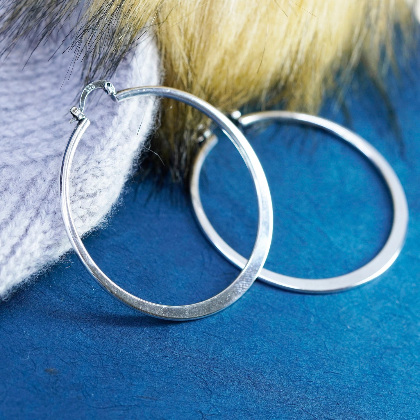 2”, vintage Sterling silver handmade earrings, flatten modern 925 hoops, huggie