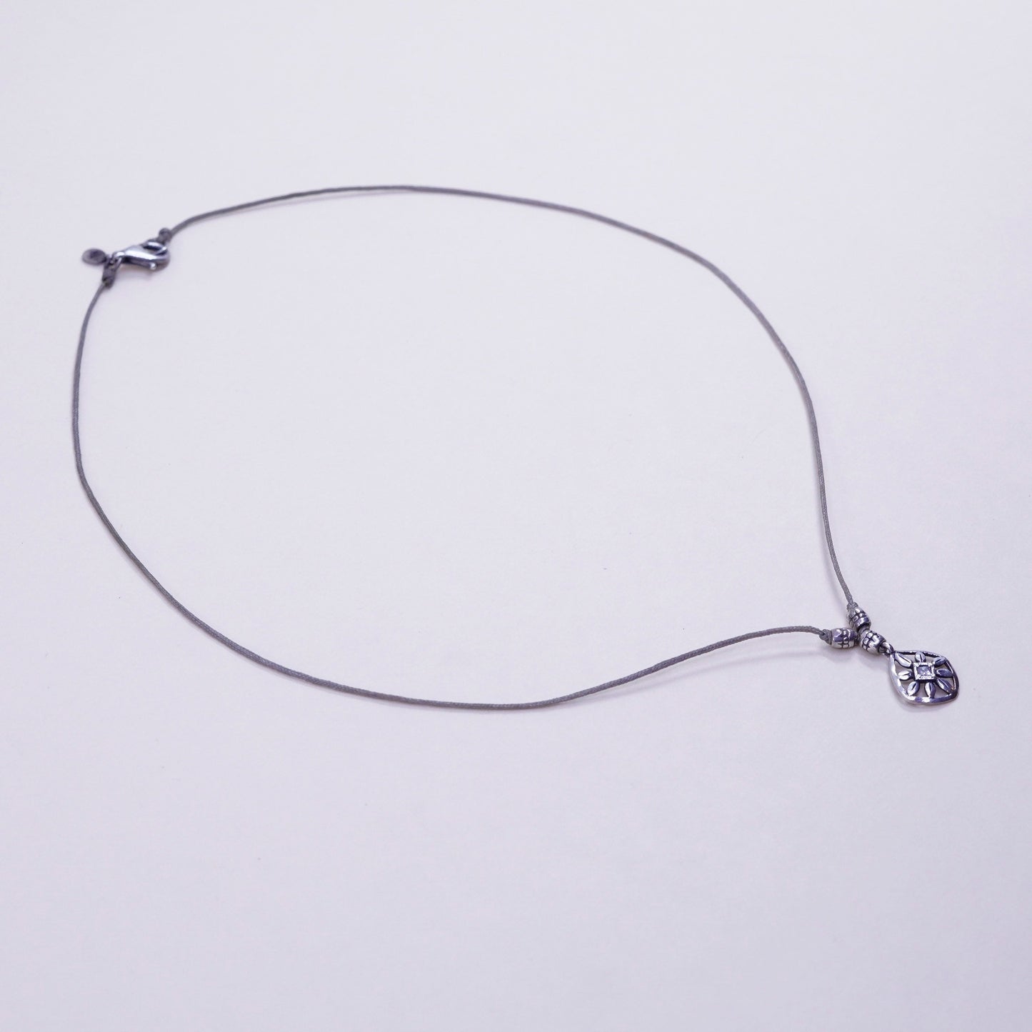 16”, Vintage linen necklace and Sterling 925 silver flower pendant