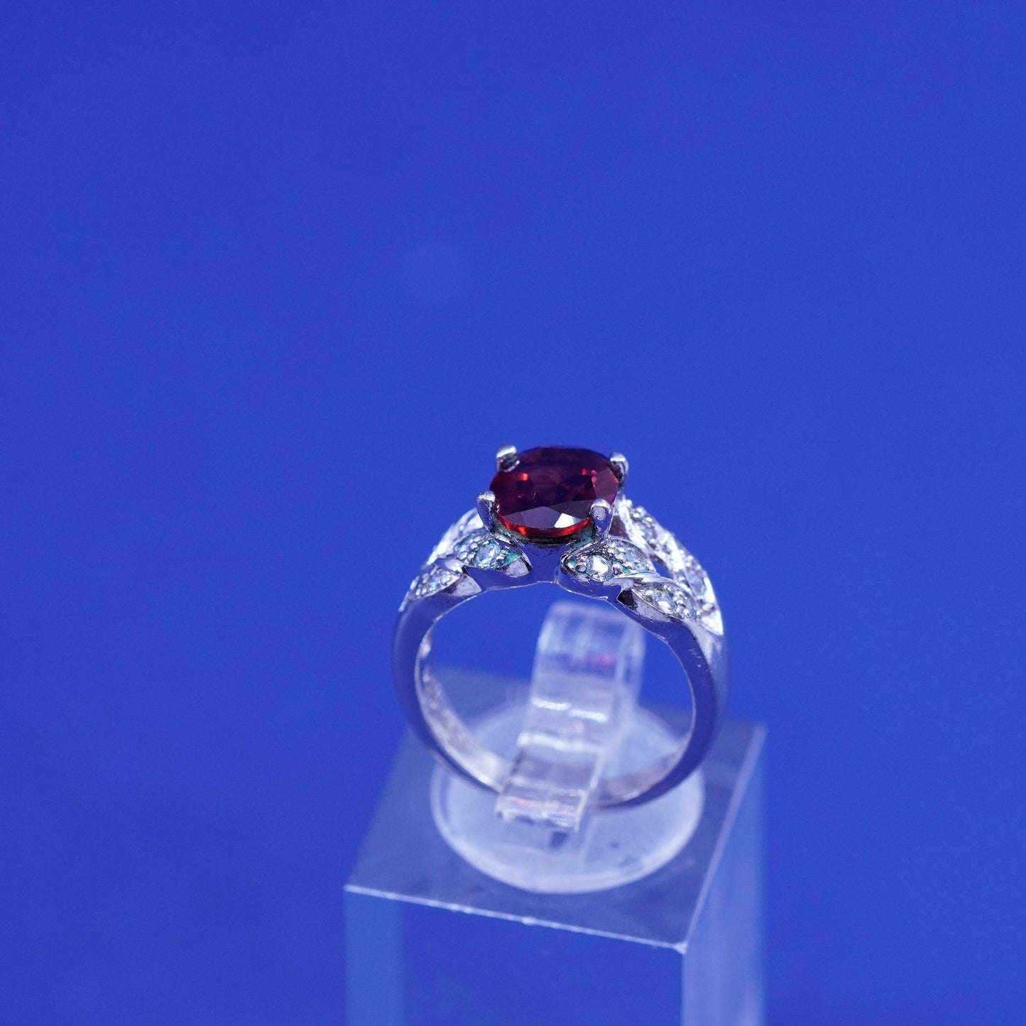 Size 5, vintage ADI Sterling 925 silver handmade ring with heart Ruby and cz