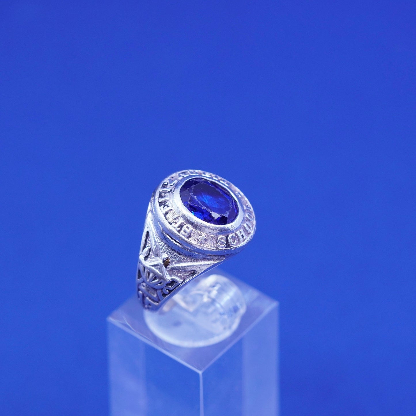 Size 9.5, vintage 1974 sterling 925 silver handmade ring w/ blue topaz and name