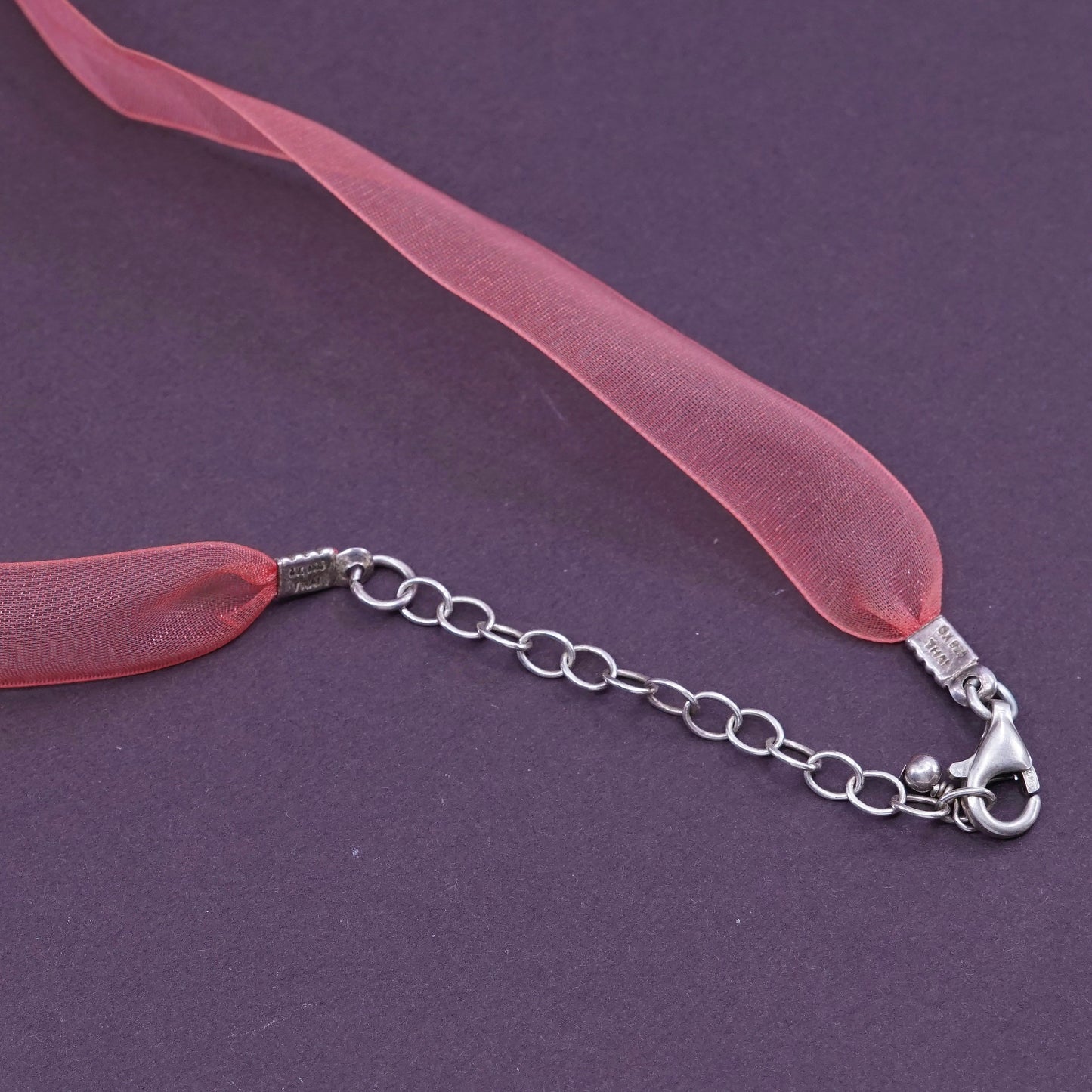 16+2”, Vintage pink ribbon bow cloth necklace w/ sterling 925 silver clasp