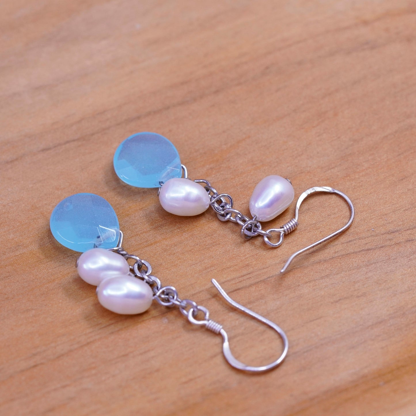 Vintage Sterling 935 silver handmade earrings with teardrop jade and pearl